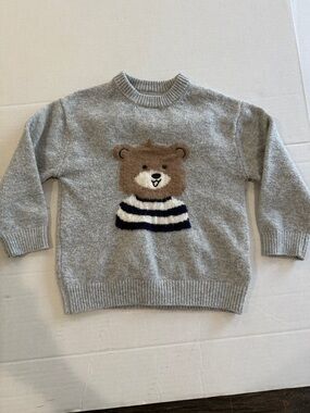 Zara Grey Knit Sweater with Brown Bear and Navy Stripes sweater